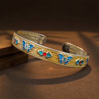 Buddha Stones Heart Sutra Butterfly Copper Enamel Healing Open Adjustable Bracelet Bangle - Golden & Silvery Edge - image 8