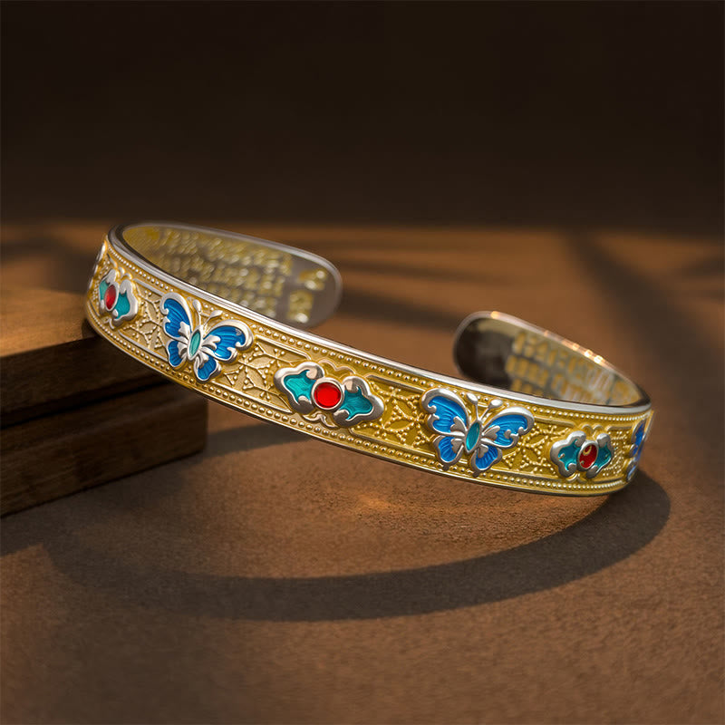 Buddha Stones Heart Sutra Butterfly Copper Enamel Healing Open Adjustable Bracelet Bangle - Golden & Silvery Edge - image 8