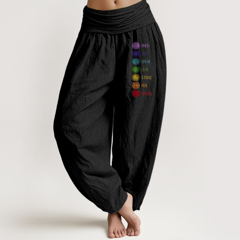 Buddha Stones Seven Chakras Print Pattern Women's Elastic Waist Harem Pure Cotton Pants - Black - US22，UK/AU26，EU54 (6XL) - image 0
