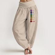 Foviel Seven Chakras Print Pattern Women's Elastic Waist Harem Pure Cotton Pants