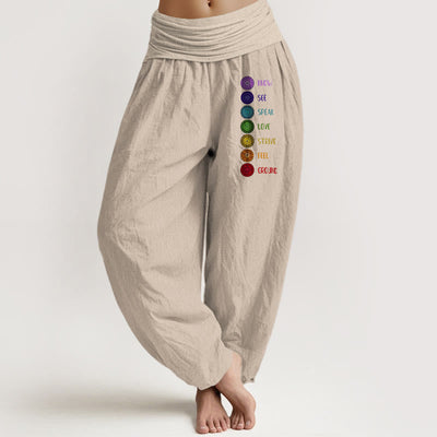 Buddha Stones Seven Chakras Print Pattern Women's Elastic Waist Harem Pure Cotton Pants - Tan - US22，UK/AU26，EU54 (6XL) - image 11
