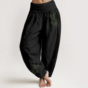 Foviel Green Bamboo Print Pattern Women's Elastic Waist Harem Pure Cotton Pants