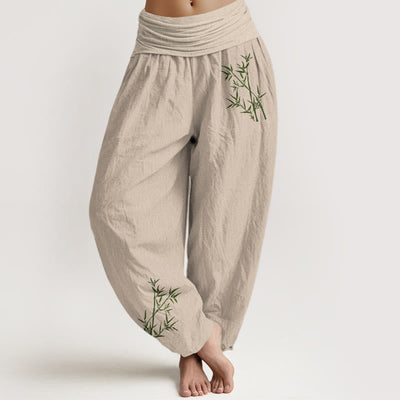 Buddha Stones Green Bamboo Print Pattern Women's Elastic Waist Harem Pure Cotton Pants - Tan - US22，UK/AU26，EU54 (6XL) - image 11