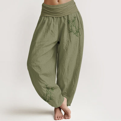 Buddha Stones Green Bamboo Print Pattern Women's Elastic Waist Harem Pure Cotton Pants - OliveDrab - US22，UK/AU26，EU54 (6XL) - image 14