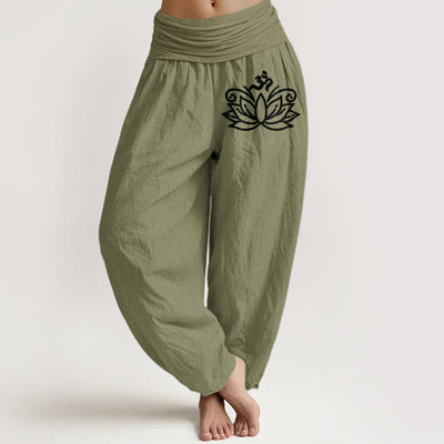 Buddha Stones Lotus Flower Om Symbol Pattern Women's Elastic Waist Harem Pure Cotton Pants - OliveDrab - US22，UK/AU26，EU54 (6XL) - image 14
