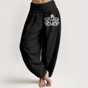 Foviel Lotus Flower Om Symbol Pattern Women's Elastic Waist Harem Pure Cotton Pants