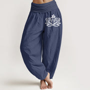Foviel Lotus Flower Om Symbol Pattern Women's Elastic Waist Harem Pure Cotton Pants