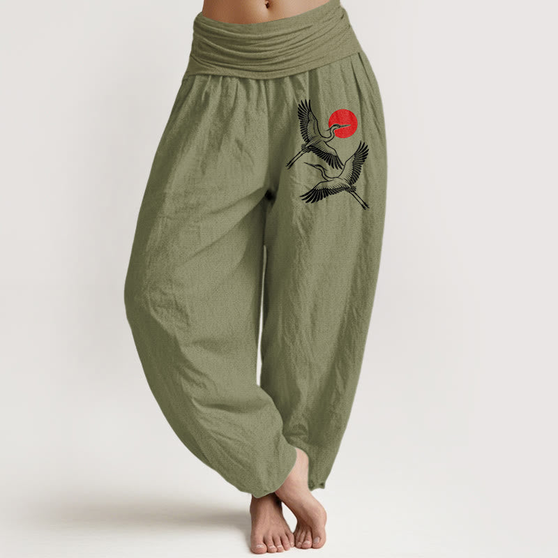Buddha Stones Red Sun Cranes Pattern Women's Elastic Waist Harem Pure Cotton Pants - OliveDrab - US22，UK/AU26，EU54 (6XL) - image 14