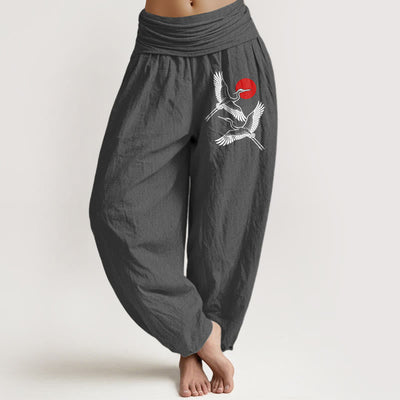Buddha Stones Red Sun Cranes Pattern Women's Elastic Waist Harem Pure Cotton Pants - Gray - US22，UK/AU26，EU54 (6XL) - image 8
