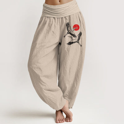 Buddha Stones Red Sun Cranes Pattern Women's Elastic Waist Harem Pure Cotton Pants - Tan - US22，UK/AU26，EU54 (6XL) - image 11