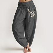 Foviel Cranes Flowers Pattern Pure Cotton Women's Elastic Waist Harem Pants