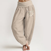 Foviel Cranes Flowers Pattern Pure Cotton Women's Elastic Waist Harem Pants