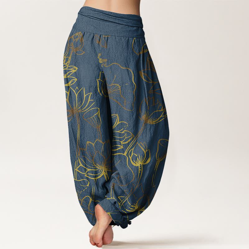 Buddha Stones Print Lotus Flowers Leaves Pattern Women's Elastic Waist Harem Cotton Pants - image 2