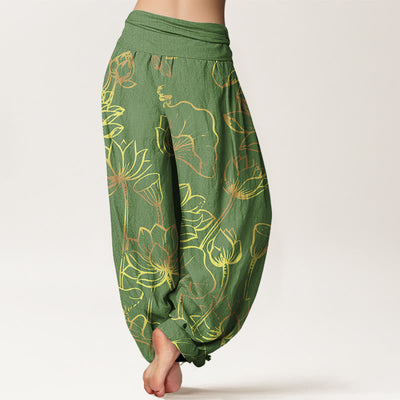 Buddha Stones Print Lotus Flowers Leaves Pattern Women's Elastic Waist Harem Cotton Pants - image 7