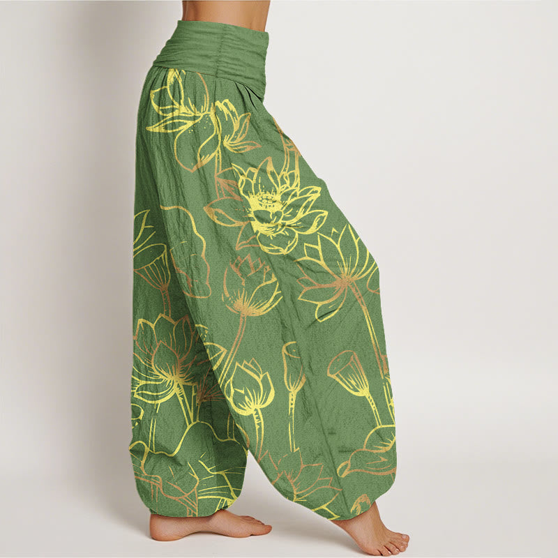 Buddha Stones Print Lotus Flowers Leaves Pattern Women's Elastic Waist Harem Cotton Pants - image 6