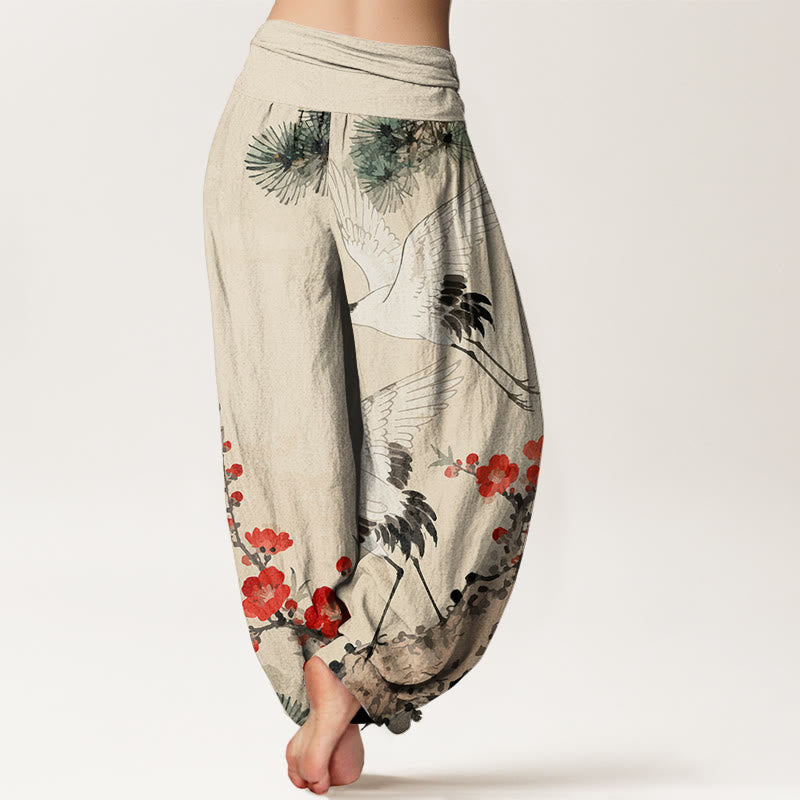 Buddha Stones Print Cranes Plum Blossoms Pattern Women's Elastic Waist Harem Cotton Pants - image 2