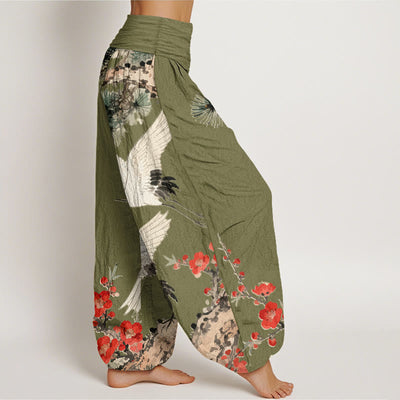 Buddha Stones Print Cranes Plum Blossoms Pattern Women's Elastic Waist Harem Cotton Pants - image 6