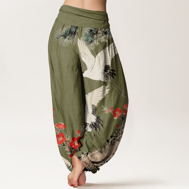 Buddha Stones Print Cranes Plum Blossoms Pattern Women's Elastic Waist Harem Cotton Pants - image 7