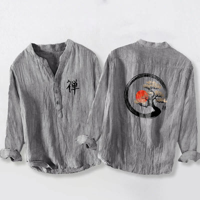 Buddha Stones Zen Character Pine Tree Sun Pattern Half Buttons Men's Cotton Linen Long Sleeve Shirt - Gray - US/UK/AU50，EU60 (5XL) - image 0
