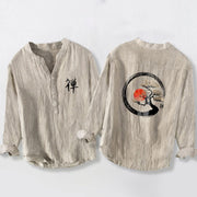 Foviel Zen Character Pine Tree Sun Pattern Half Buttons Men's Cotton Linen Long Sleeve Shirt