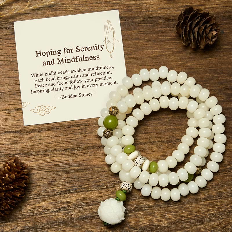 Buddha Stones "Hoping for Serenity and Mindfulness" Bodhi Lotus Mala Includes Gift Message Card - 6*8mm - Standard Gift Box - image 0