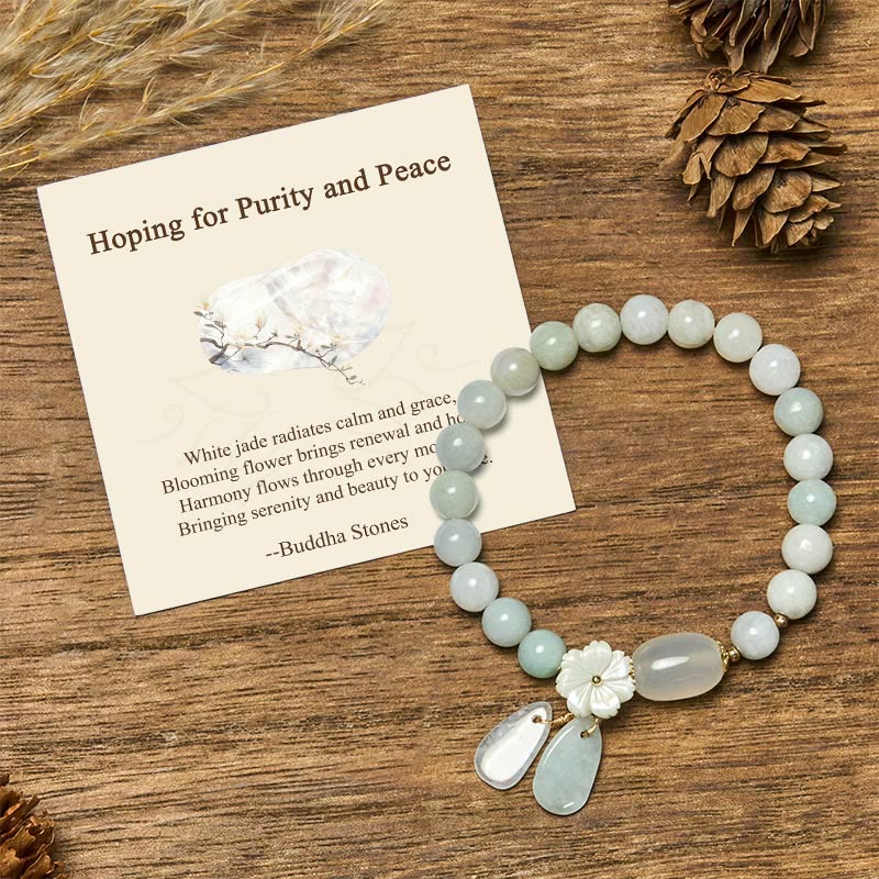 Buddha Stones "Hoping for Purity and Peace"Natural White Jade Bracelet Includes Gift Message Card - White Jade - Standard Gift Box - image 0