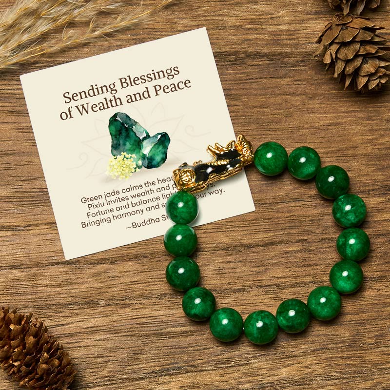 Buddha Stones "Sending Blessings of Wealth and Peace" PiXiu Jade Bracelet Includes Gift Message Card - 12mm - Standard Gift Box - image 8
