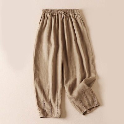 Buddha Stones Summer Small Flower Embroidery  Harem Pants With Pockets - Wheat - US8-10，UK/AU12-14，EU40-42 (2XL) - image 0