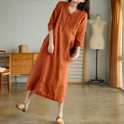Buddha Stones Casual Plain Accordion Pleats V-neck Half Sleeve Design Midi Dress With Pockets - image 7