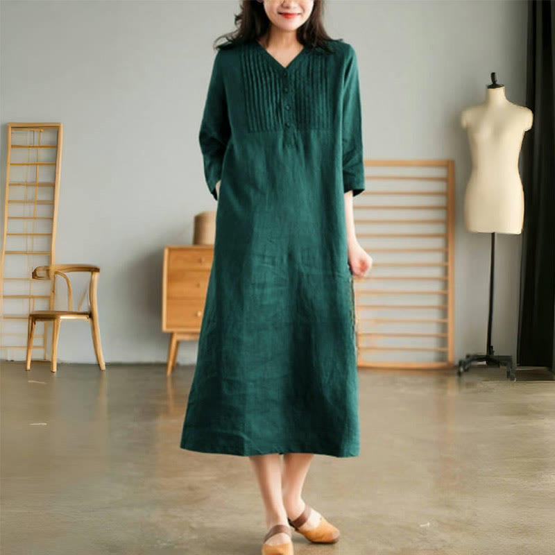 Buddha Stones Casual Plain Accordion Pleats V-neck Half Sleeve Design Midi Dress With Pockets - image 1