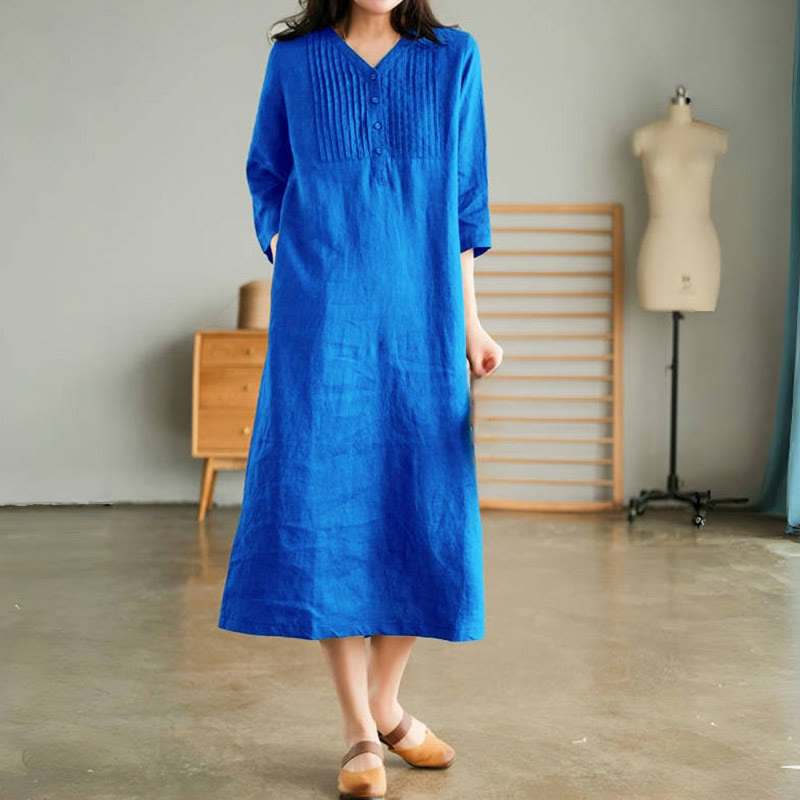 Buddha Stones Casual Plain Accordion Pleats V-neck Half Sleeve Design Midi Dress With Pockets - DodgerBlue - US12，UK/AU16，EU44 (3XL) - image 4