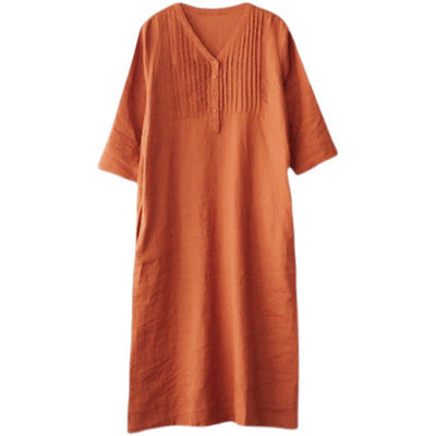 Buddha Stones Casual Plain Accordion Pleats V-neck Half Sleeve Design Midi Dress With Pockets - image 15