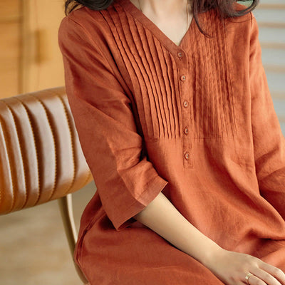 Buddha Stones Casual Plain Accordion Pleats V-neck Half Sleeve Design Midi Dress With Pockets - image 9