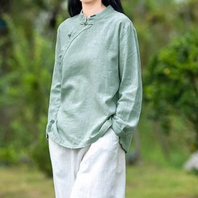 Buddha Stones Oblique Collar Knot button Loose Linen Clothing - image 3