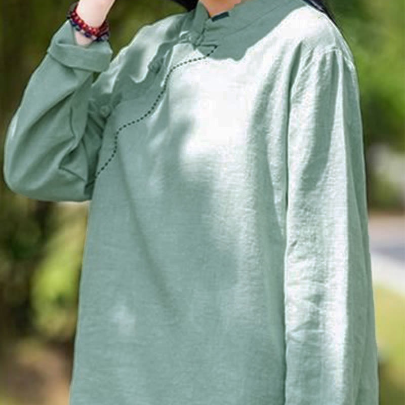 Buddha Stones Oblique Collar Knot button Loose Linen Clothing - image 1