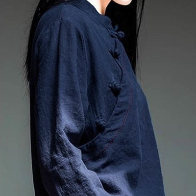 Buddha Stones Oblique Collar Knot button Loose Linen Clothing - image 15