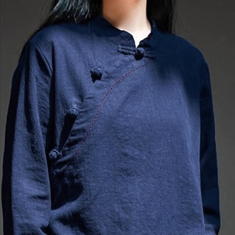 Buddha Stones Oblique Collar Knot button Loose Linen Clothing - image 19