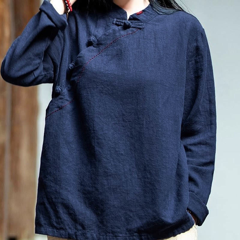 Buddha Stones Oblique Collar Knot button Loose Linen Clothing - image 20