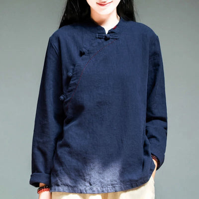 Buddha Stones Oblique Collar Knot button Loose Linen Clothing - MidnightBlue - US12，UK/AU16，EU44 (4XL) - image 12