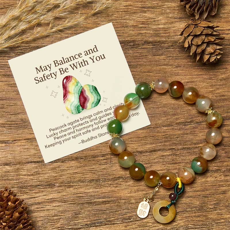 Buddha Stones "May Balance and Safety Be With You"Peacock Agate Bracelet Includes Gift Message Card - Peacock Agate(Wrist Circumference: 15-17cm) - Standard Gift Box - image 0
