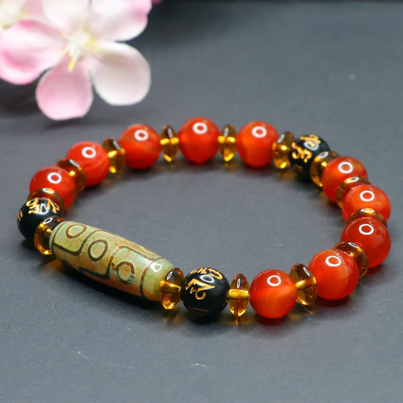 Buddha Stones Red Agate Nine-eye Dzi Bead Six True Words Calm Bracelet - image 1