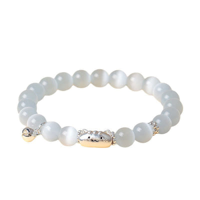 Buddha Stones 999 Sterling Silver Natural Cat Head White Cat's Eye White Agate Positive Bracelet - image 4