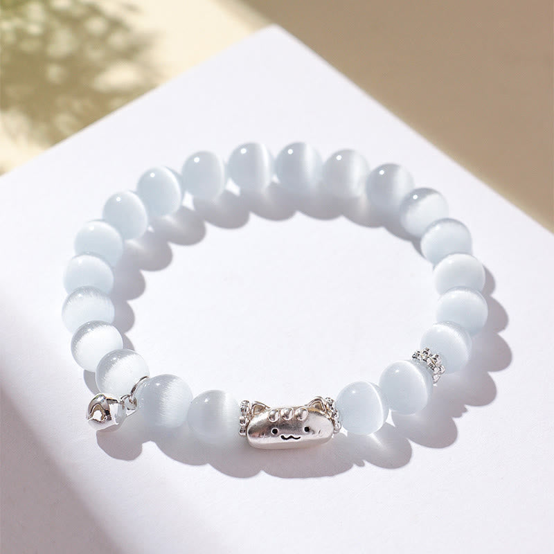 Buddha Stones 999 Sterling Silver Natural Cat Head White Cat's Eye White Agate Positive Bracelet - image 2
