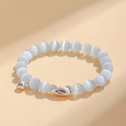 Foviel 999 Sterling Silver Natural Cat Head White Cat's Eye White Agate Positive Bracelet