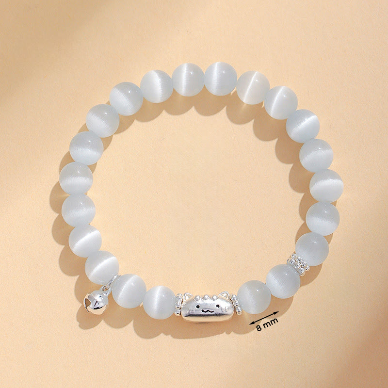 Buddha Stones 999 Sterling Silver Natural Cat Head White Cat's Eye White Agate Positive Bracelet - image 3