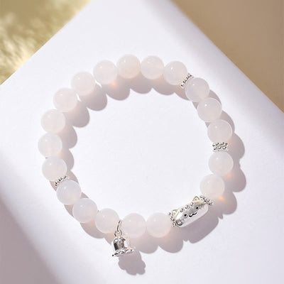Buddha Stones 999 Sterling Silver Natural Cat Head White Cat's Eye White Agate Positive Bracelet - image 11