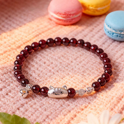 Buddha Stones 999 Sterling Silver Natural Cute Cat Head Garnet Protection Bead Bracelet - image 17