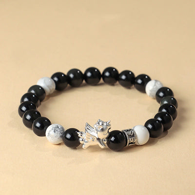 Buddha Stones 999 Sterling Silver Year Of The Horse Natural Black Obsidian Bodhi Seed Strength Bracelet - Black Obsidian(Wrist Circumference:13-15cm) - image 0