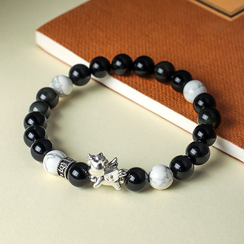 Buddha Stones 999 Sterling Silver Year Of The Horse Natural Black Obsidian Bodhi Seed Strength Bracelet - image 2
