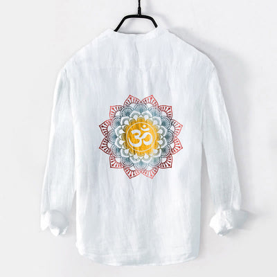 Buddha Stones Half Buttons Mandala Om Symbol Pattern Men's Cotton Linen Long Sleeve Shirt - image 2